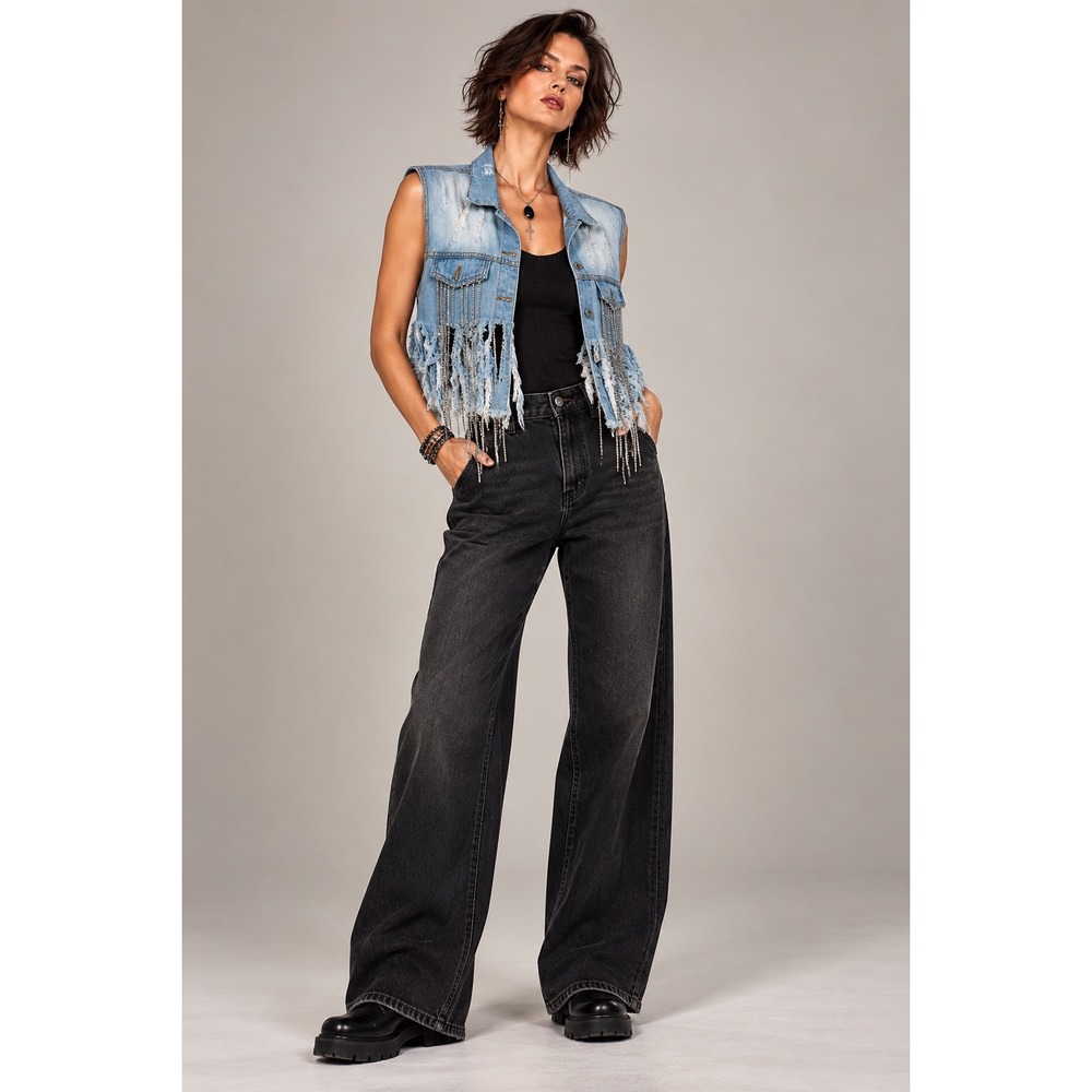 Spoon Jeans Medium Denim Distressed Embellished Vest Fringe Statement